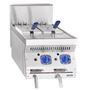 Газовая фритюрница кухонная ГФК-40.2Н, 2 ванны по 10,5 л, 2 корзины 295х120х105 мм, 700 серия, 401х839х583 мм, +110…+190 С, пьезорозжиг, газ-контроль, 2 горелки, 11 кВт, настольная, вся нерж.
